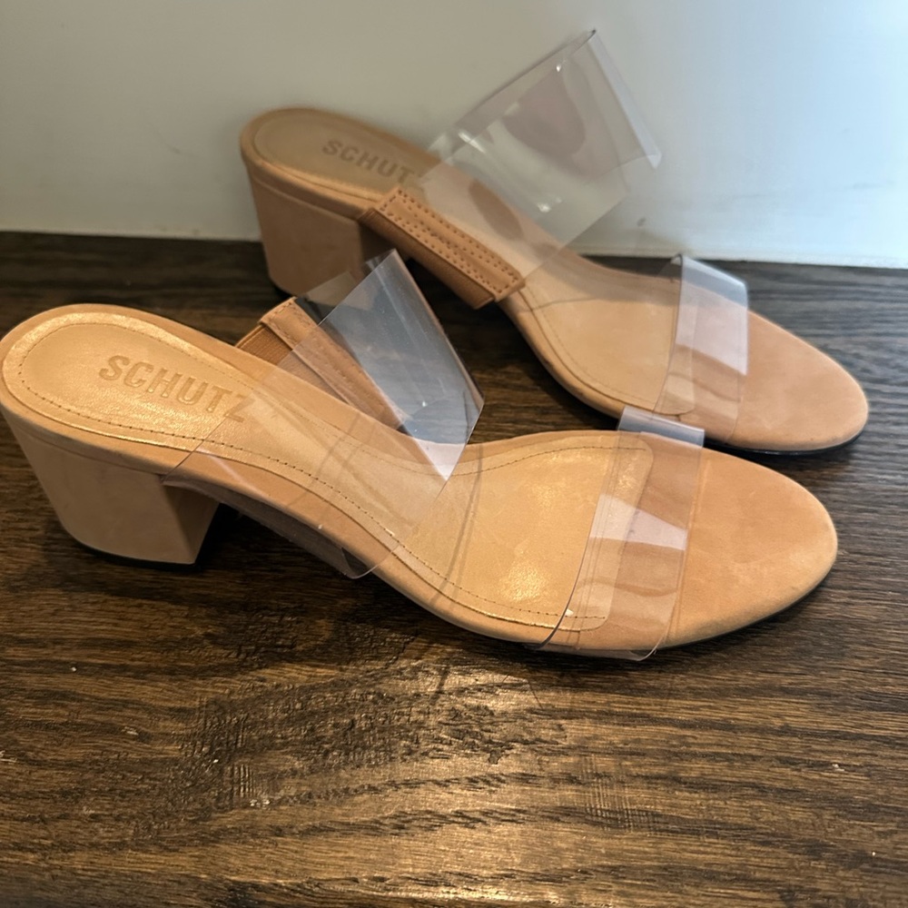 Schutz Clear Strap Tan Block Heels